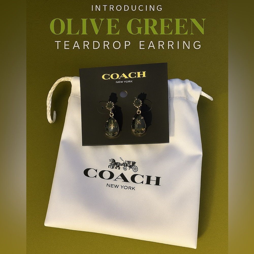 COACH Olive Green Teardrop Crystal Earrings | Gold-Tone | NWT | MSRP: $70 - Picture 1 of 4